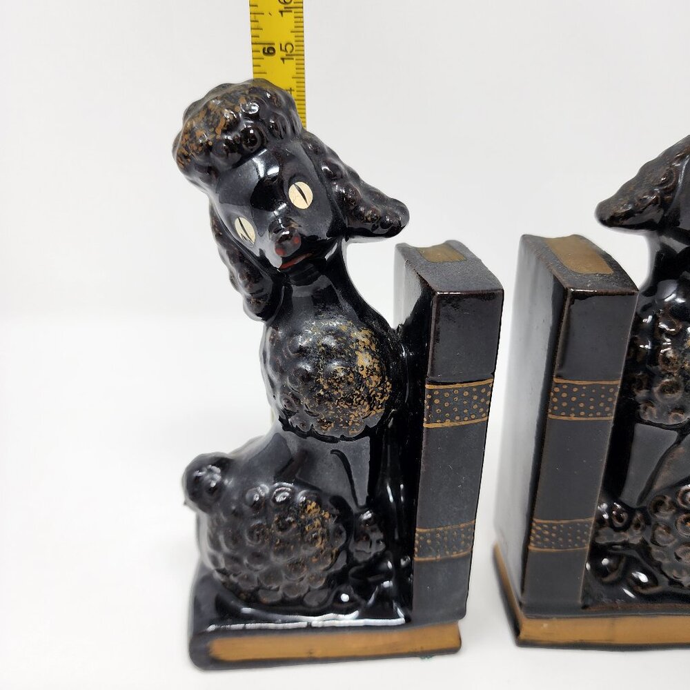 Vtg MCM Japan Redware Ceramic 6" Black & Gold Poodle Dog Bookends Pen Holders - Picture 8 of 11
